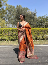 PREMIUM ORANGE BANRASI SILK GOLDEN ZARI WORK WITH CONTRAST BLOUSE